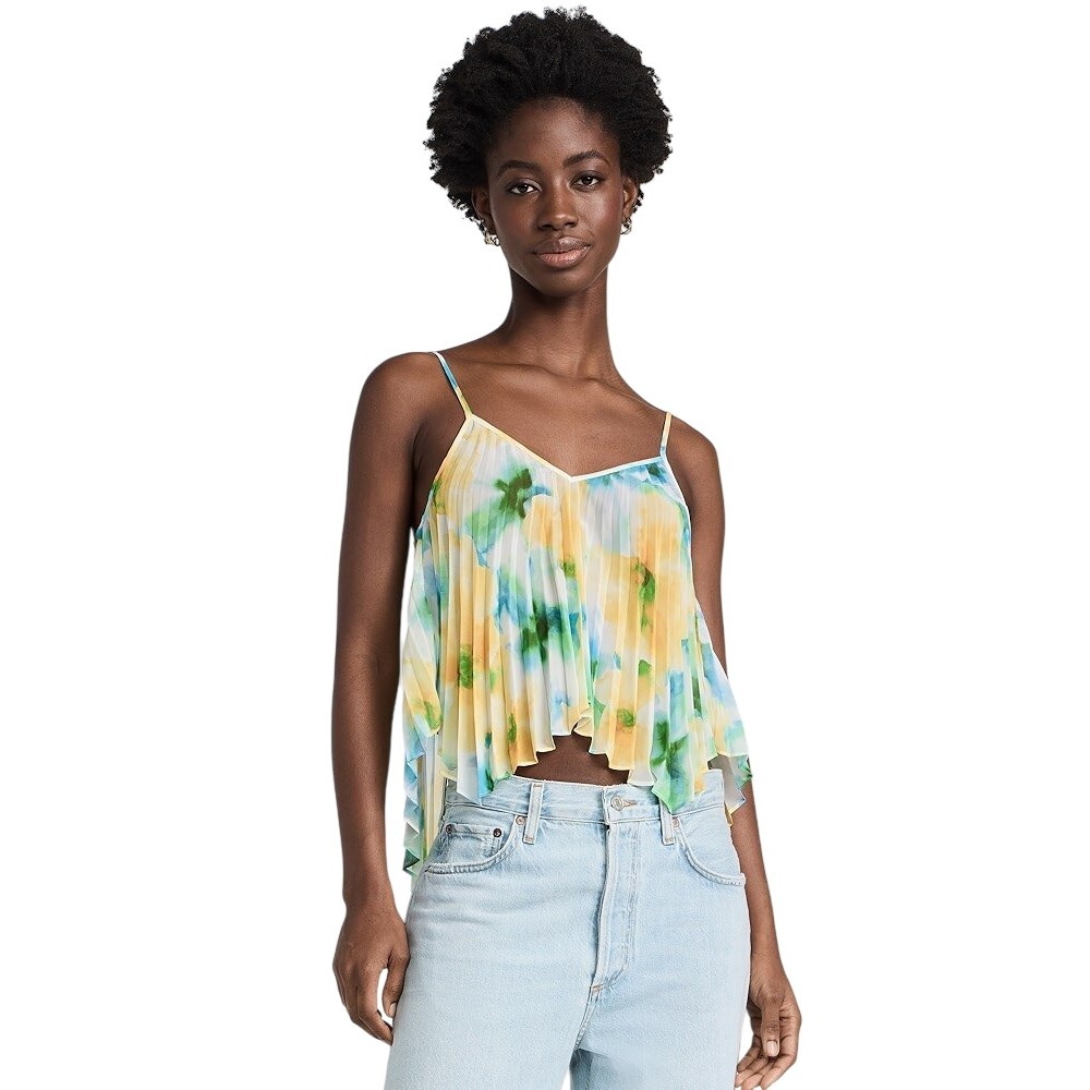 Misa Noemi Top Citron Watercolor V Neck Sleeveless Pleated Chic Blouse Sz M NWT